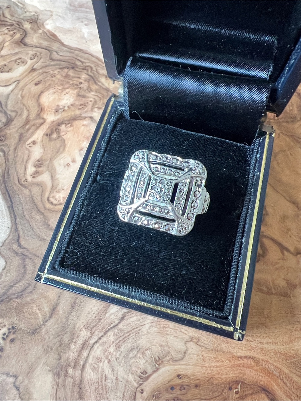 Vintage Pinky Ring: Silver and Crystal Square Ring with Clear Stones size 5